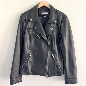 Calvin Klein Genuine Leather Jacket with Metallic Details - Like new condition